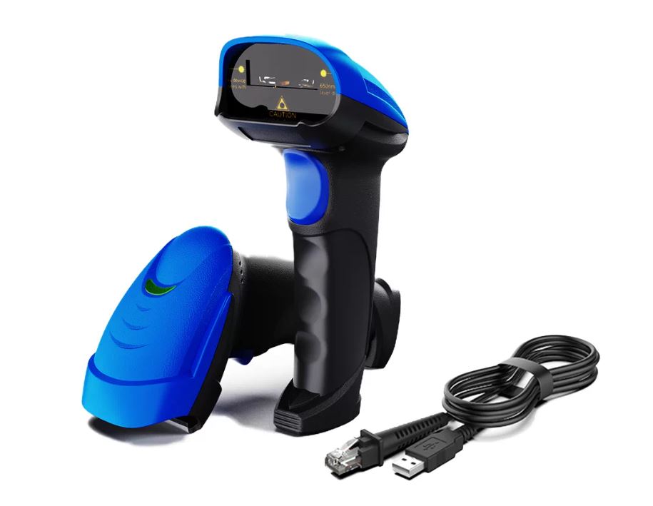 Wireless handheld barcode scanner with charging cradle and USB cable