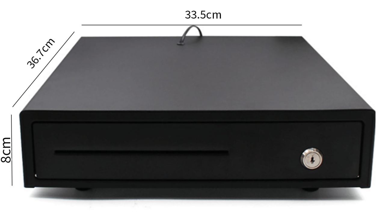 Brand-new compact lockable cash drawer included, 33.5cm wide, 36.7cm deep, 8cm high