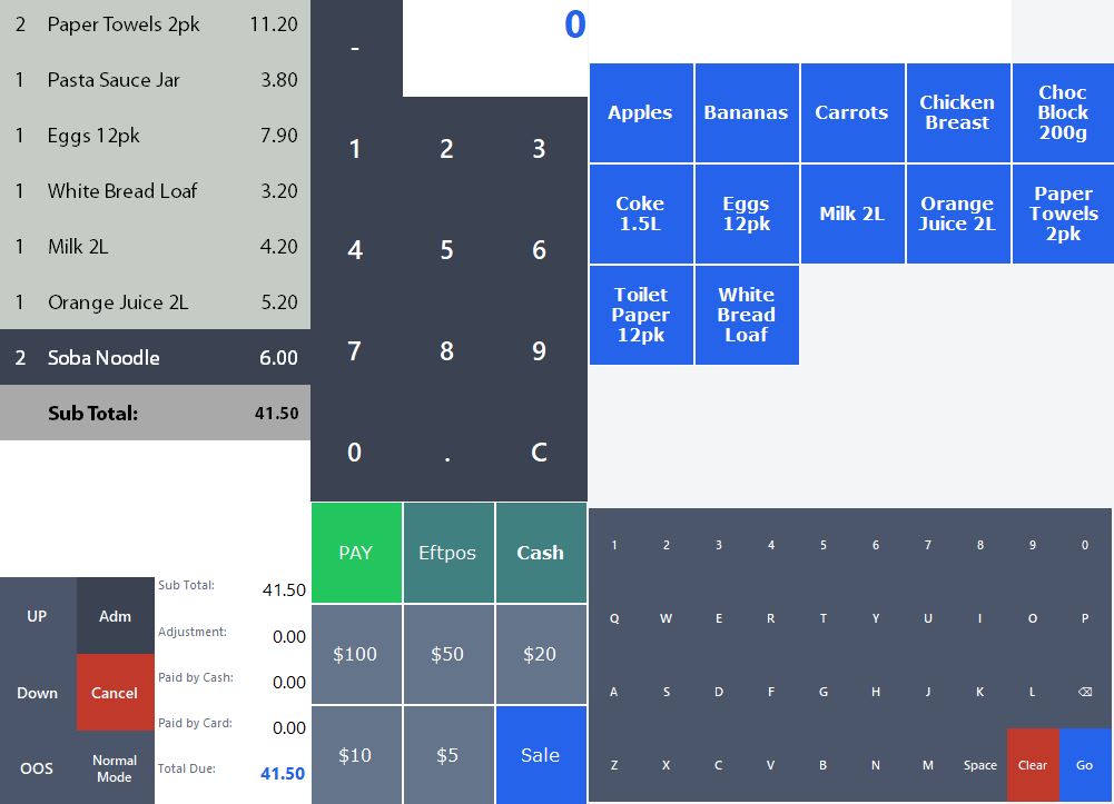 LocalPOS Supermarket Mode showing grocery item buttons, a search keyboard, and the order list