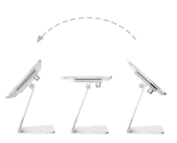 Tablet holder shown at three tilt angles