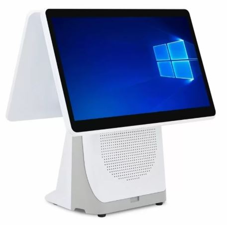 Dual-screen POS terminal, rear view showing customer-facing display