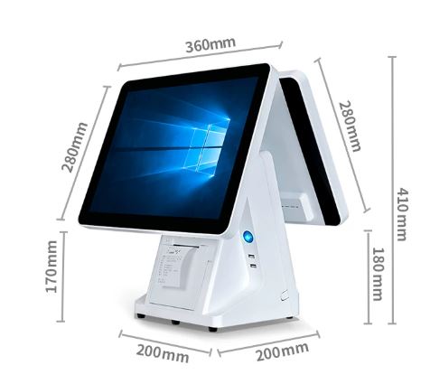 Dual-screen POS terminal with built-in printer, with dimensions